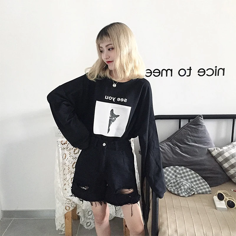 black Женские футболки Ulzzang для студентов, шикарная футболка с принтом и длинным рукавом, Женская свободная ретро Корейская стильная Harajuku верхняя одежда с круглым вырезом для отдыха - Цвет: black