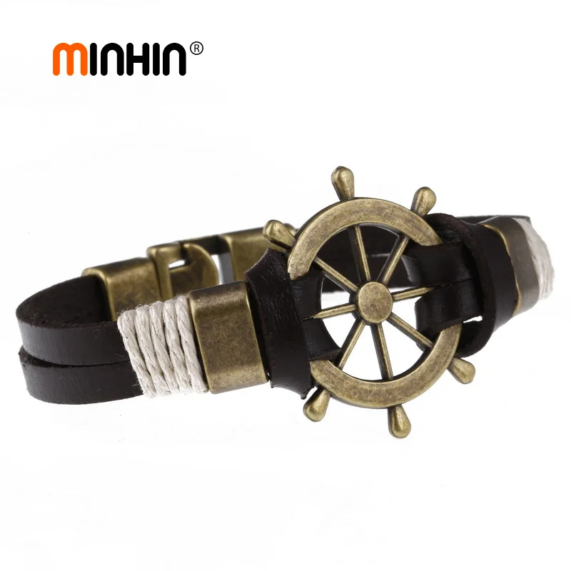 Minhin из натуральной коровьей Кожаные браслеты Для женщин Для мужчин панк Винтаж бронза Руль Дизайн Браслеты с подвесками Браслеты унисекс вечерние украшения