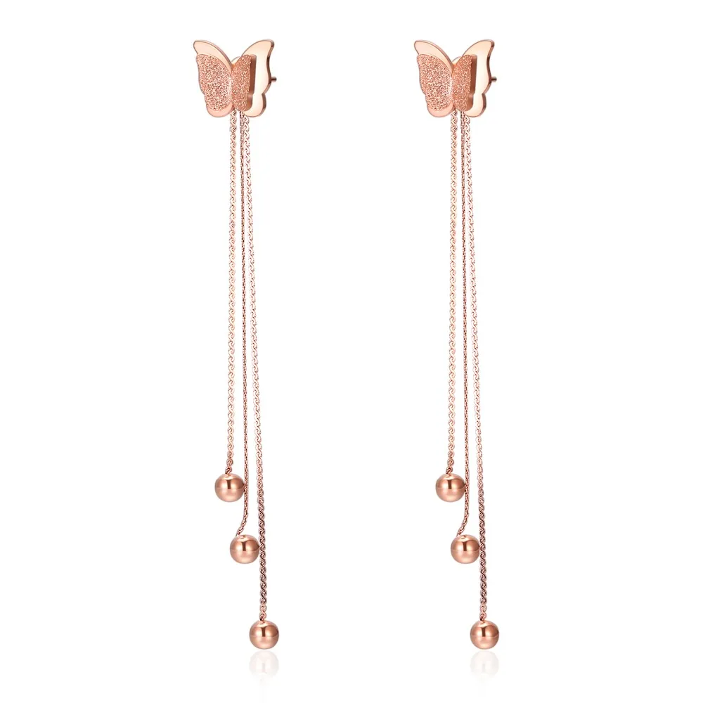 

Trendy Cute Stainless Steel Butterfly with long Tassels Drop Earrings For Women Black/Rose Gold Color Drop Jewelry Gift