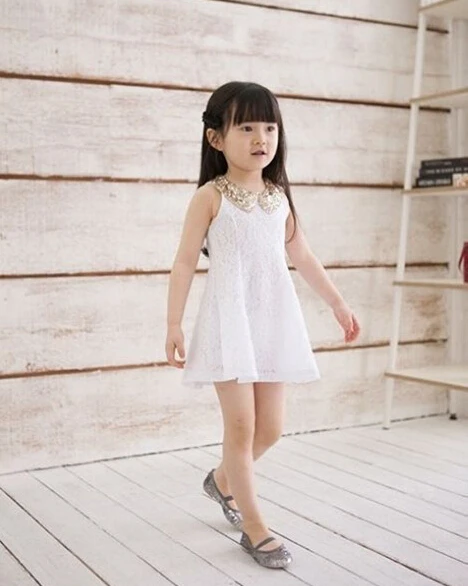 2020 Summer Baby Girls Dress Child Sleeveless Lace Paillette Turn-Down Collar Princess Kid School Perform | Детская одежда и обувь