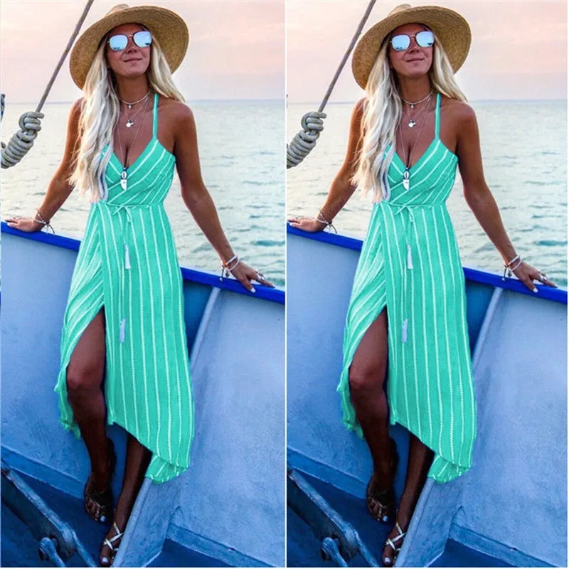 Bohemian V-Neck Split High Waist Asymmetrical Strap Sexy Striped Party Dresses Casual Beach Summer Dress Women VestidosO90 | Женская