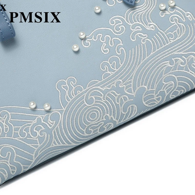PMSIX Вышивка Цветы из бисера разделение кожа сумки женские элегантные для переноски повседневное молнии Длинные бретели нижнего белья