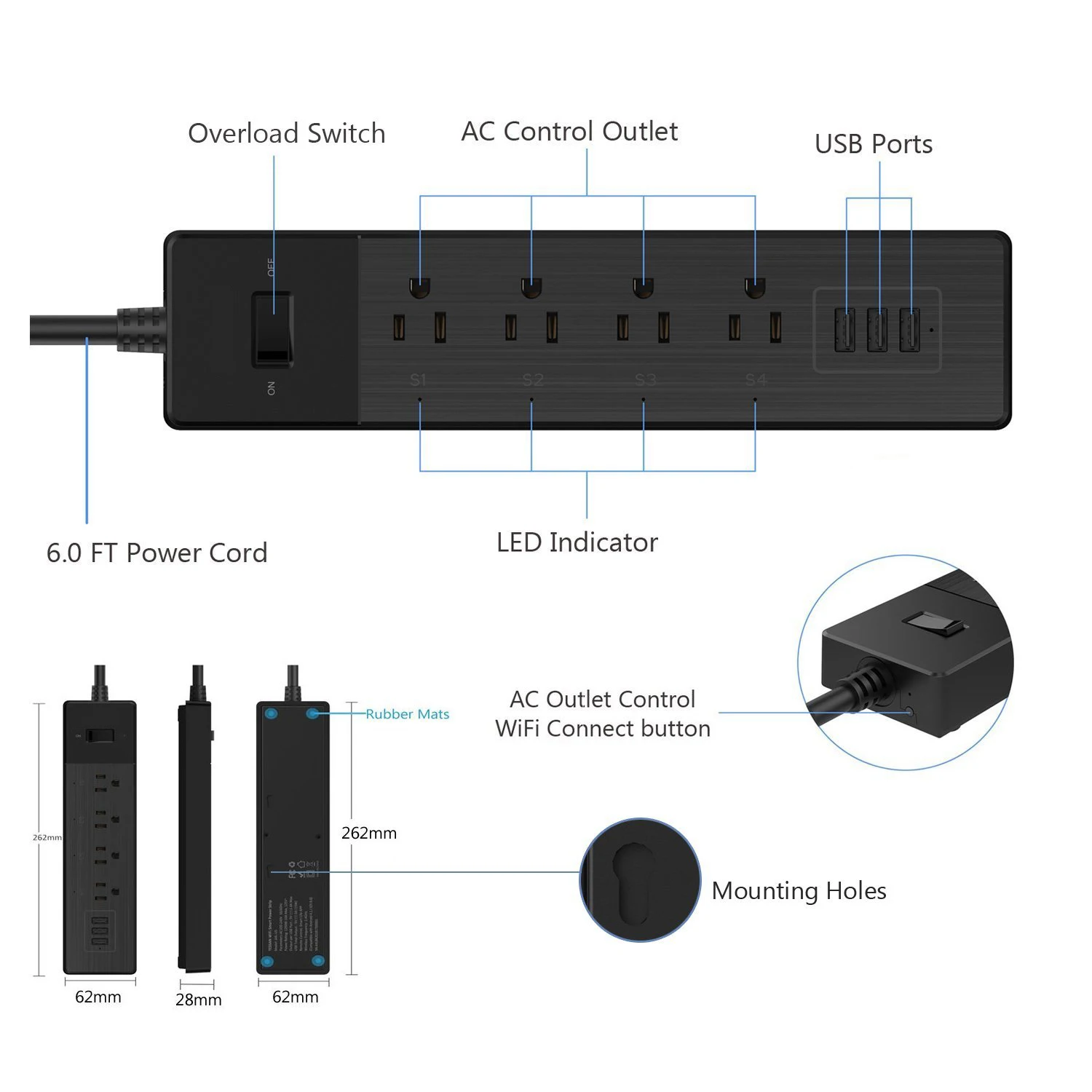 Wi Fi Smart мощность полосы много точек 4 AC Plug 3 Зарядка через usb порты дистанционное
