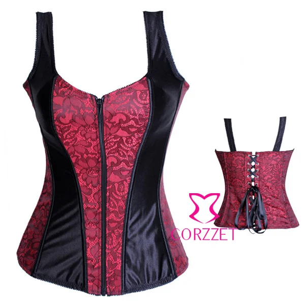 Черный и красный готический корсет с цветочным узором Бюстье на молнии | Женская