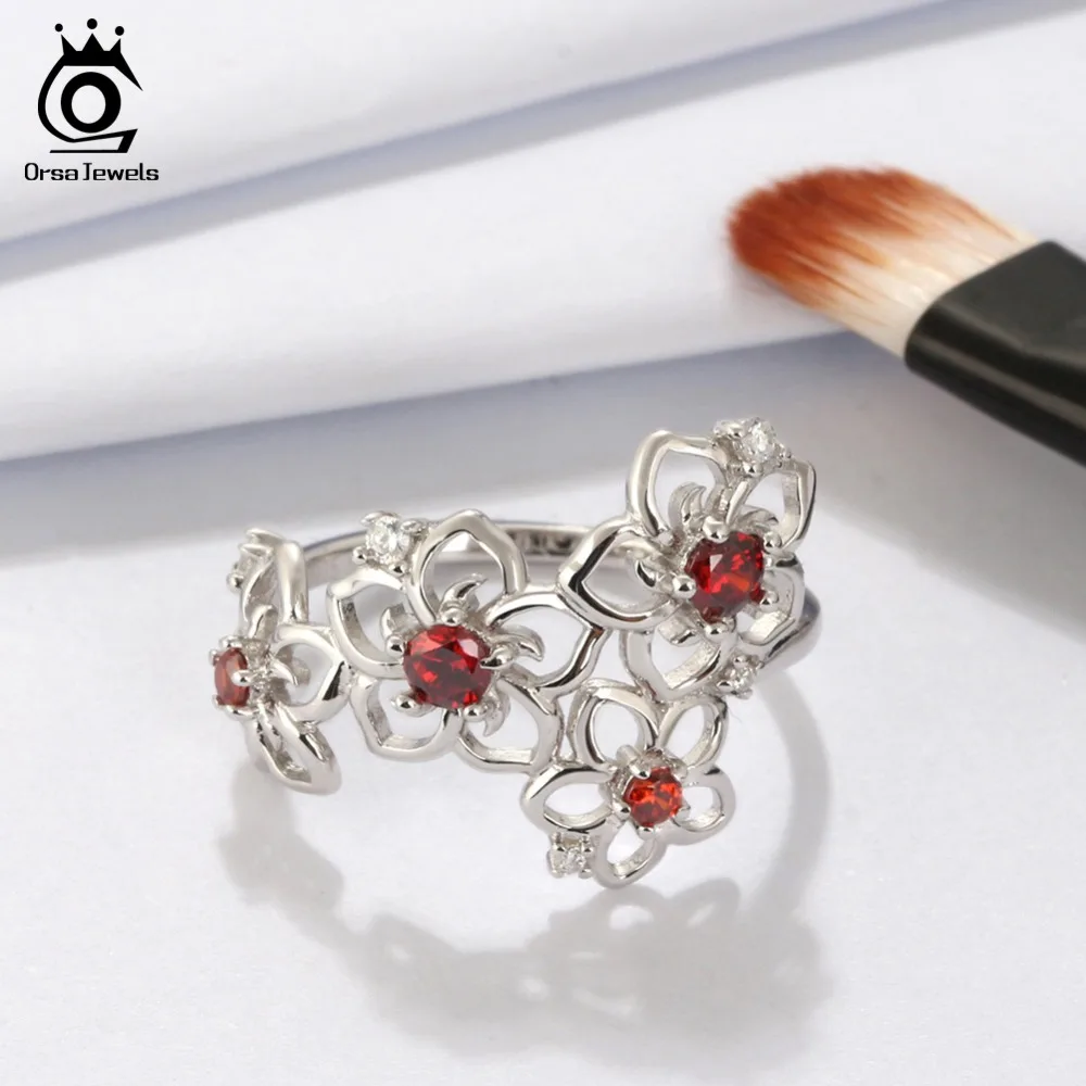 ORSA JEWELS Настоящее Стерлинговое серебро женские кольца в виде цветов AAA циркон голубой фиолетовый прозрачный красный блестящий циркон женское кольцо для вечеринки SR91