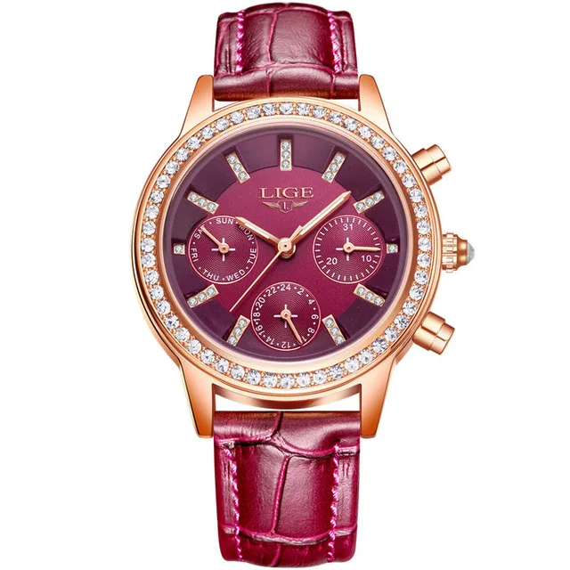 purple Relogio feminino, женские часы LIGE, роскошный бренд, для девушек, кварцевые часы, на каждый день, кожа, женское платье, часы, женские часы, Montre Femme - Цвет: purple