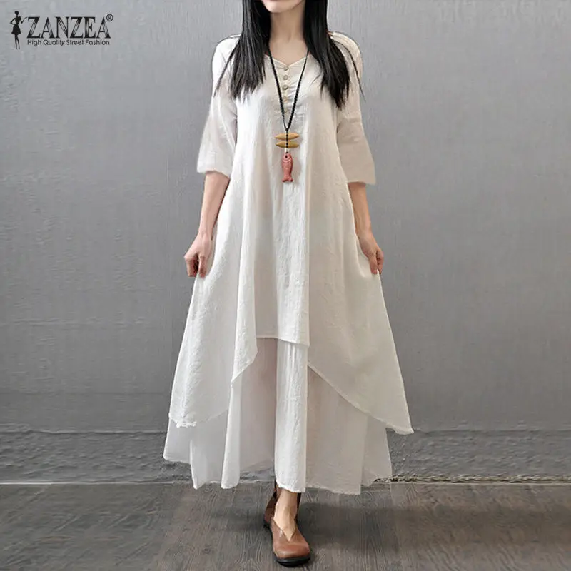 Фото ZANZEA Лето 2019 Ретро хлопковое белье платье Для Женщин Половина рукавом V шеи кнопка