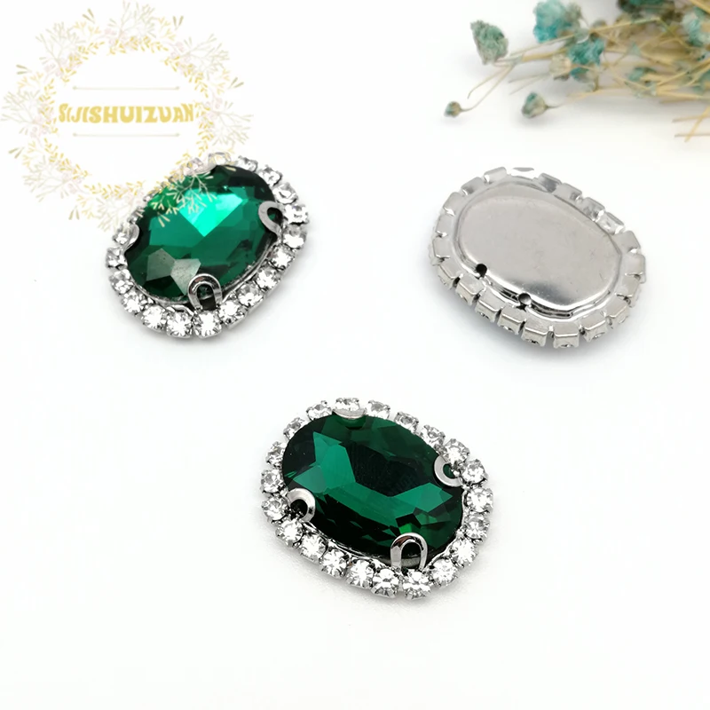 Malachite green Oval Shape Drill Side Chain Crysta Glass Sewing Rhinestones with Claw DIY Women's Shose and Wedding Dresses