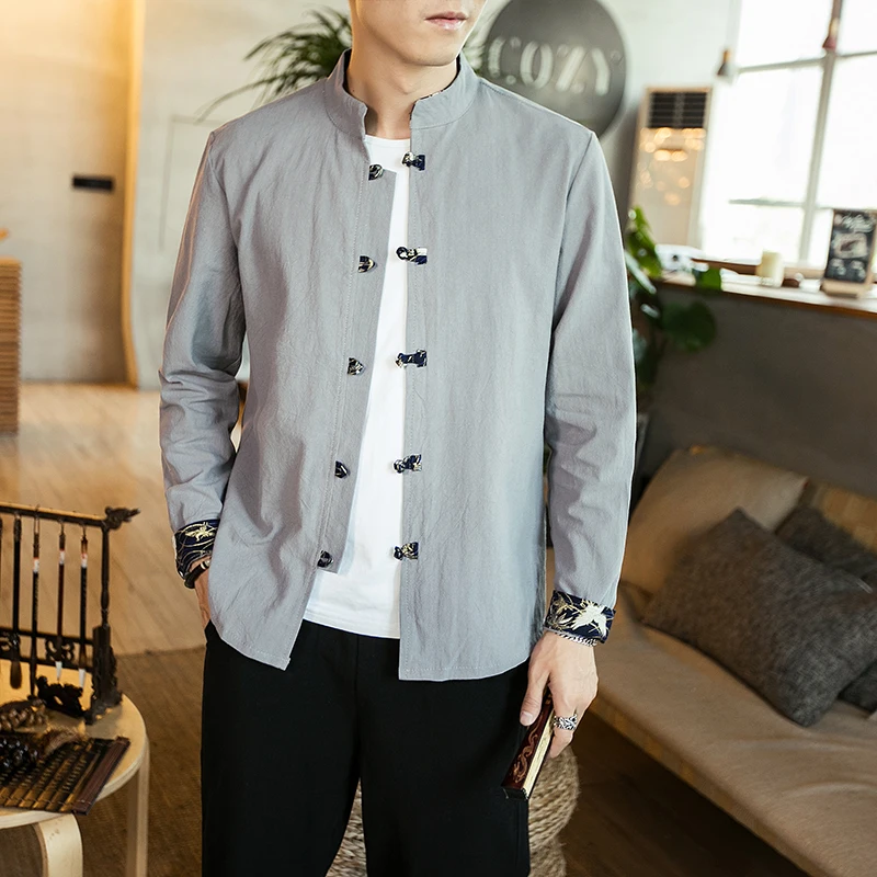 chinese style men solid casual streetwear man cotton linen hanfu top men clothes chinese style linen top