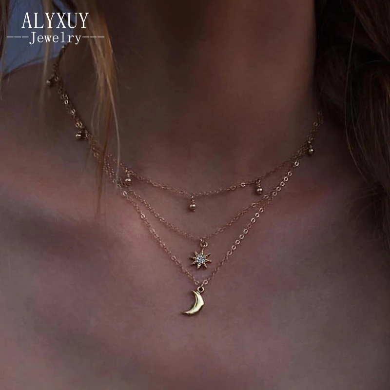 New fashion trendy multilayer star moon pendant necklace set women girl jewelry gifts N0047|Цепочки| |