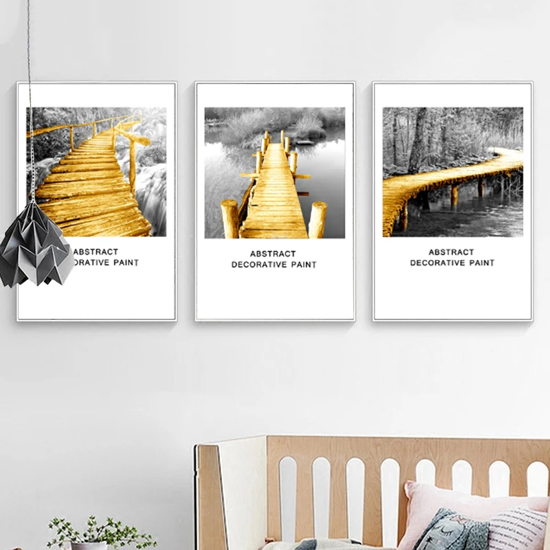 3 панели современный холст Золотой мост искусство лес черный и белый фото