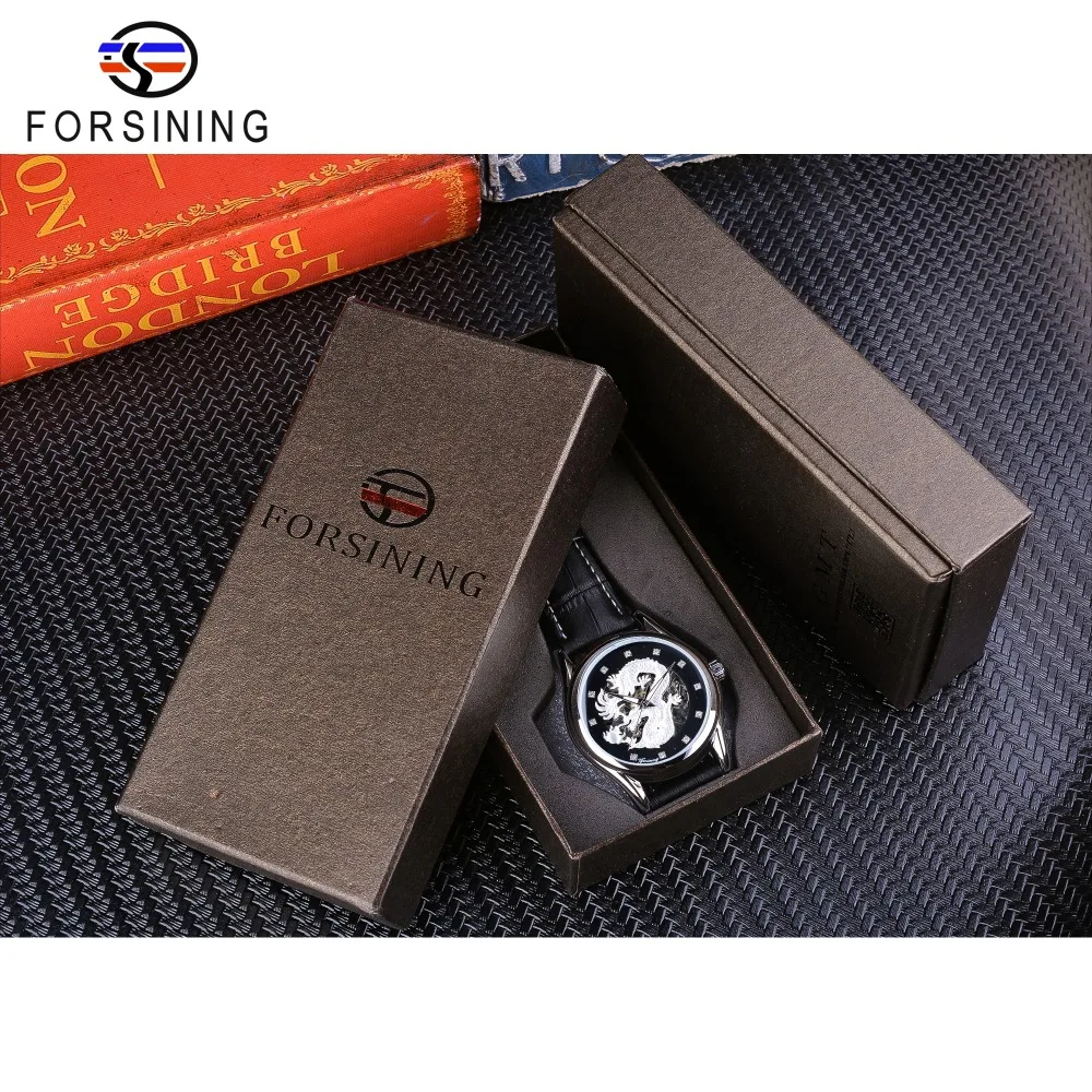 Часы Forsining Silver Dragon Diamond водонепроницаемые мужские часы с кожаным ремешком и