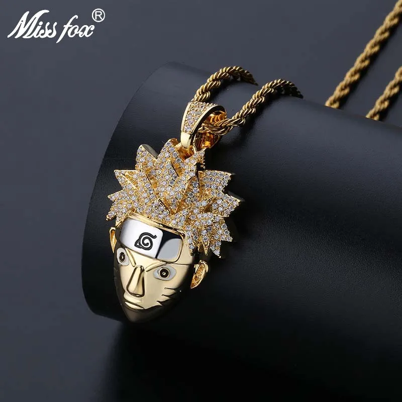 Missfox хип хоп мультфильм Наруто ожерелье кулон Hq кубический цирконий 24k золото