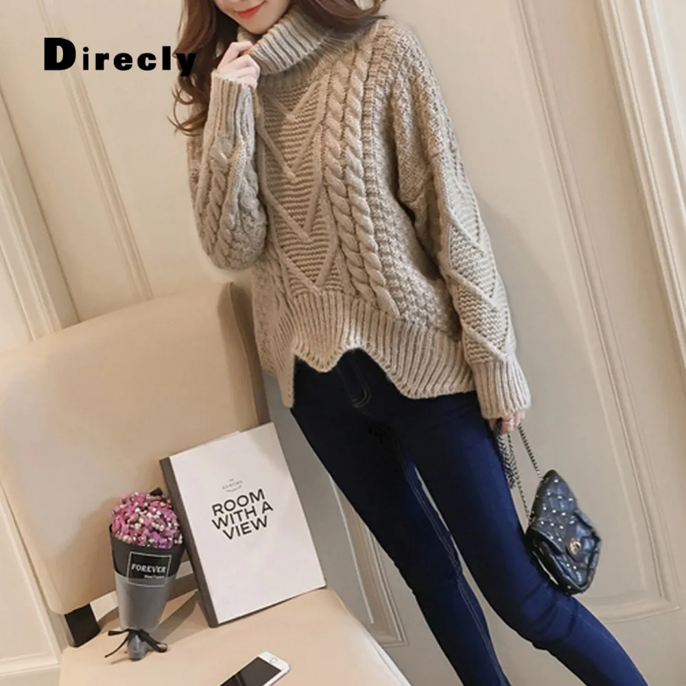 Direcly2019 new ladies autumn loose high collar twist pullover sweater female winter jacket bat sleeve thick women | Женская одежда
