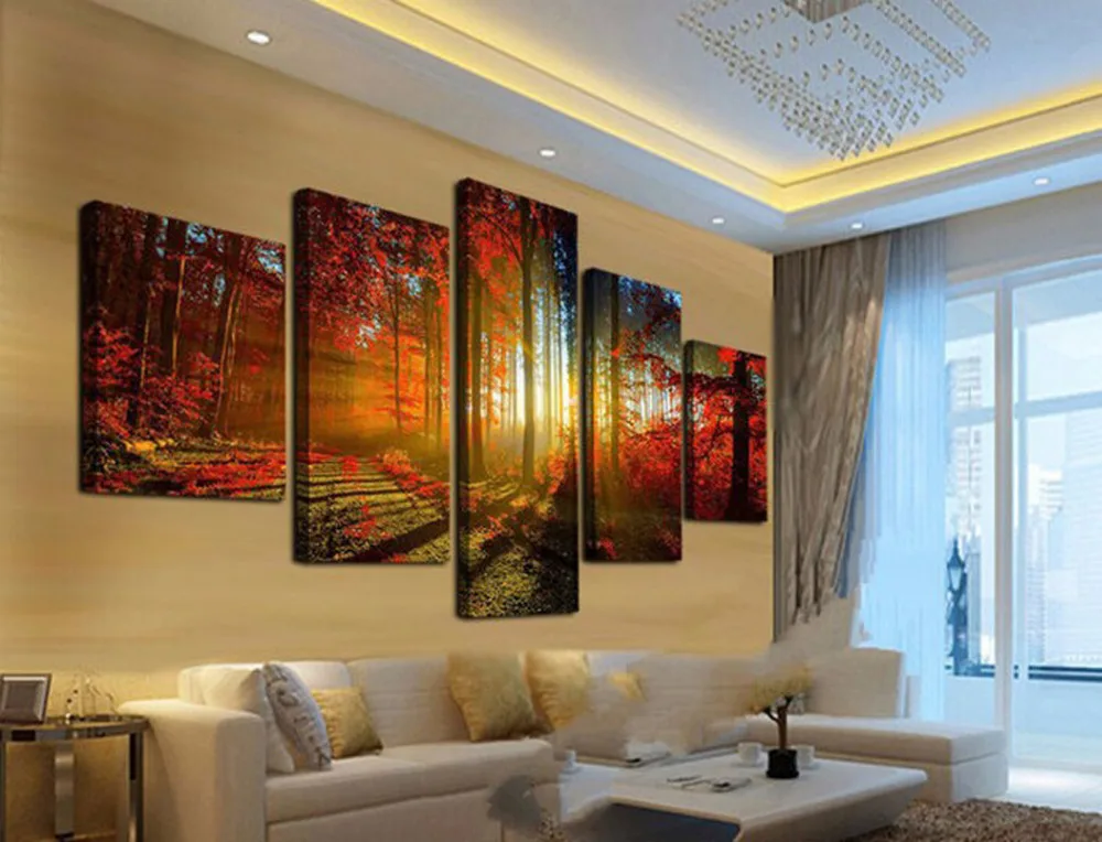 Оригинальные чернила масла 5 панелей парусина принт красный лес живопись для