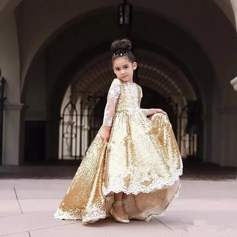 Blingbling золотые блестки платье с цветочным узором для девочек белый кружево длинный рукав аппликация обувь Пышное детское платье дня рожден