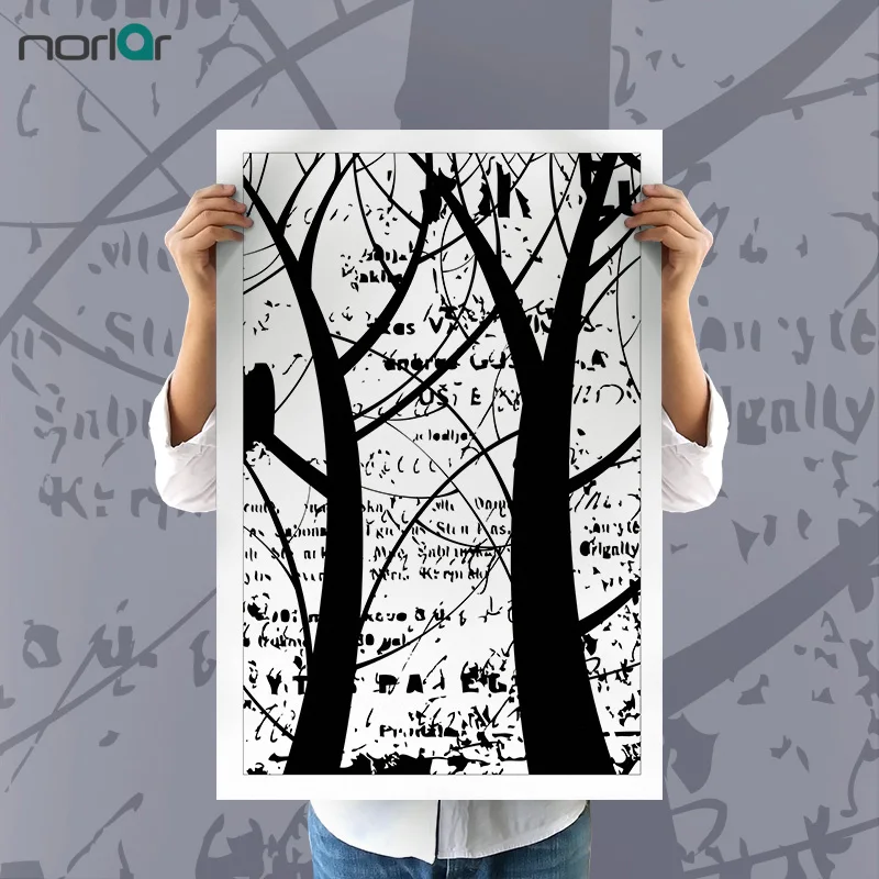 Современные скандинавские минималистичные черные белые листья дерева БОЛЬШИЕ