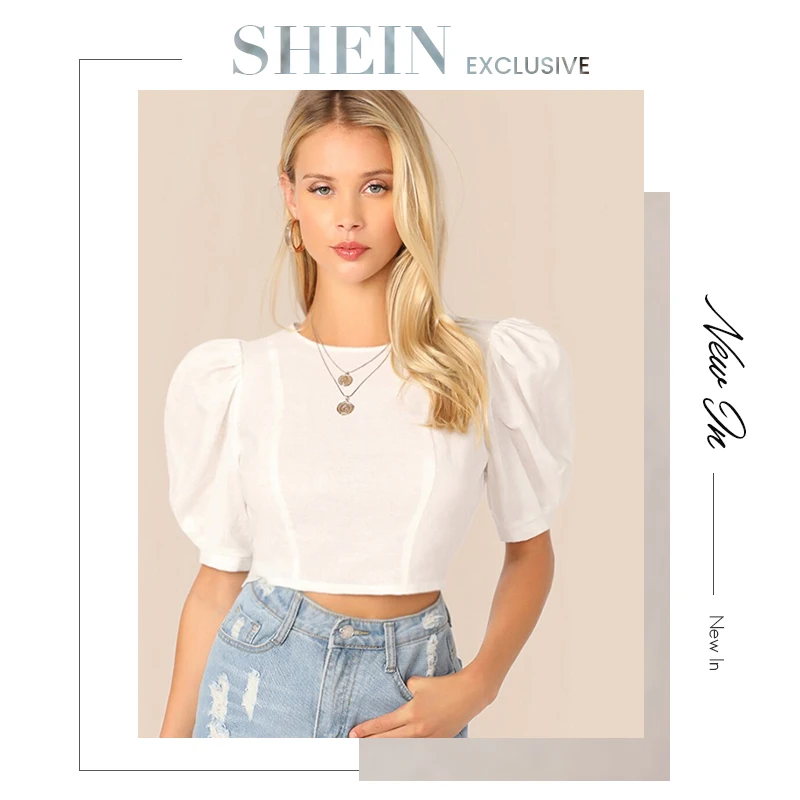 SHEIN, короткий топ с пышными рукавами и замочной скважиной на спине,, сексуальный белый однотонный облегающий летний пышный короткий рукав, Женские топы и блузки