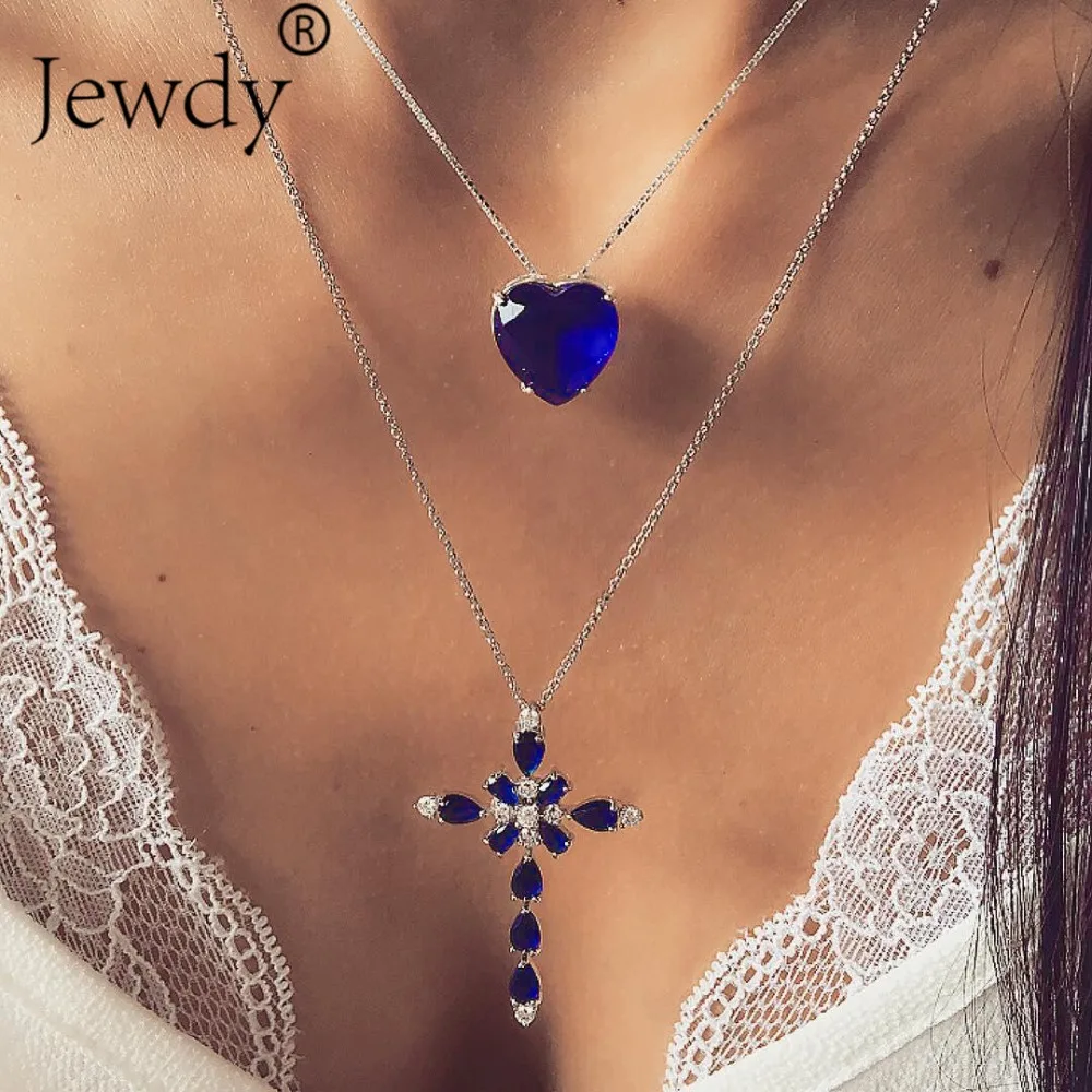 

Multilayer Blue Crystal Heart Cross Pendant Necklace for Women Fashion Rhinestone Ocean Jewelry Choker Statement Valentine's Day