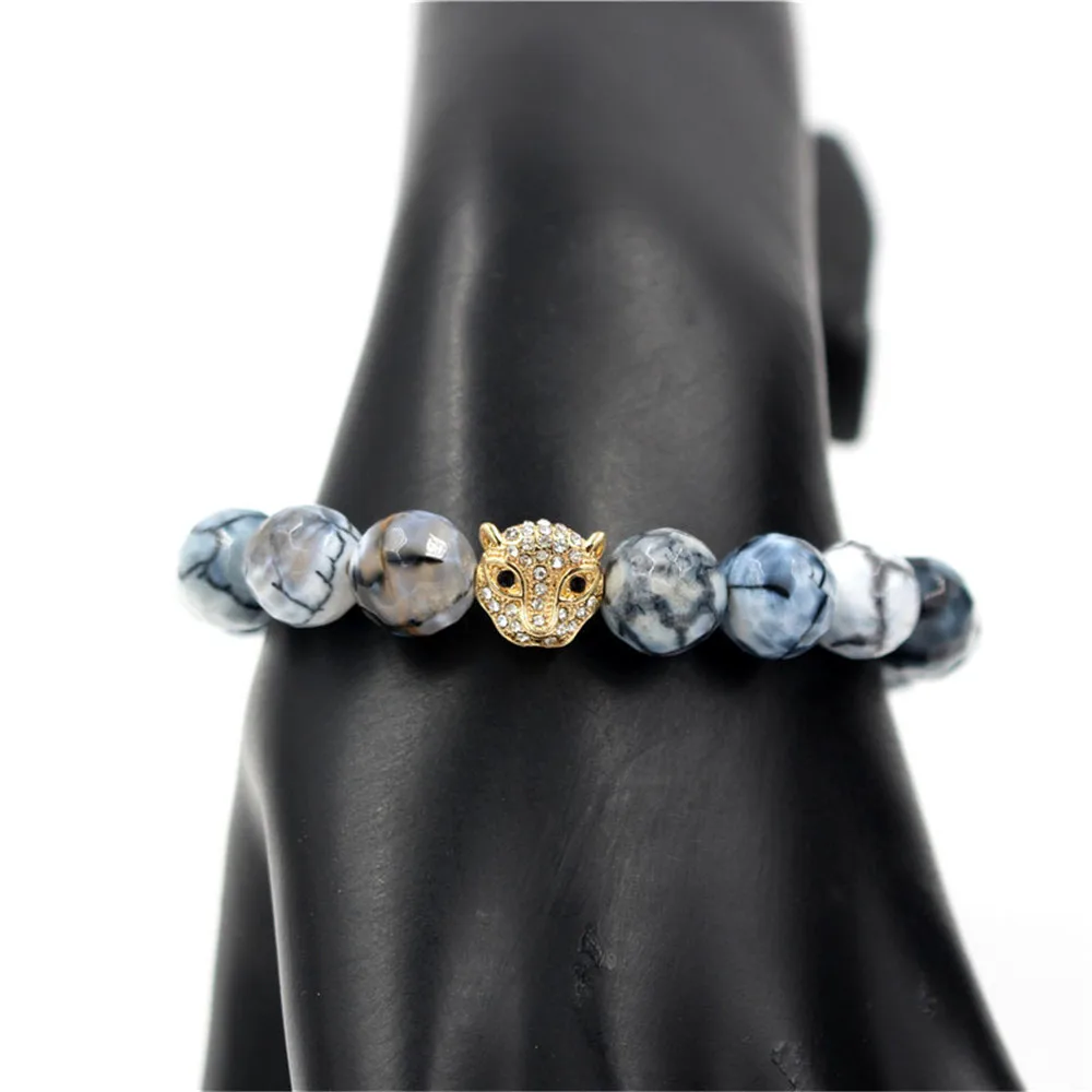 

New Design 10mm Faceted Lava White Dragon Stripe Onyx Beads Bracelet Micro-zircon Leopard Head Charm Elastic Bracelet Wholesale
