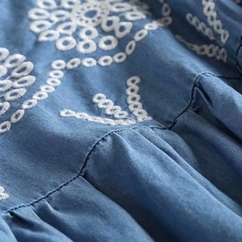 Женское джинсовое платье с круглым вырезом коротким рукавом бабочкой и