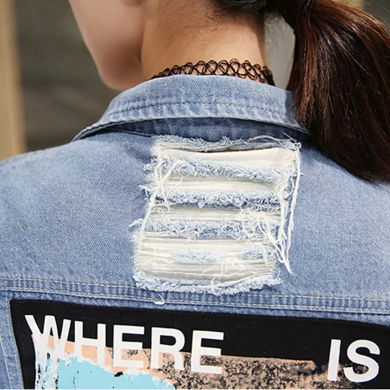 Where is my mind?Korea retro washing frayed embroidery letter patch bomber jacket Blue Ripped Distressed Denim Coat Female | Женская