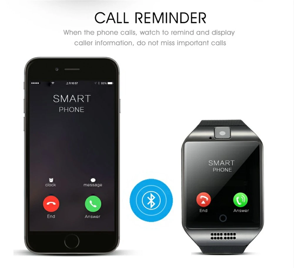 Bluetooth Смарт-часы для мужчин Q18 с сенсорным экраном большая батарея поддержка TF sim-карта камера для телефона Android Smartwatch