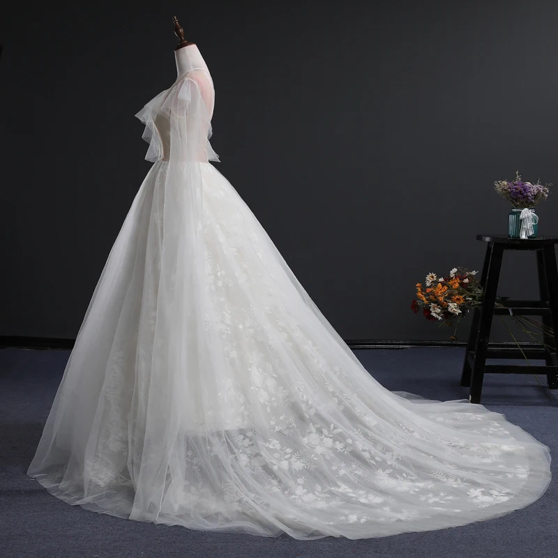 Женское свадебное платье со шлейфом роскошное невесты с длинными рукавами и