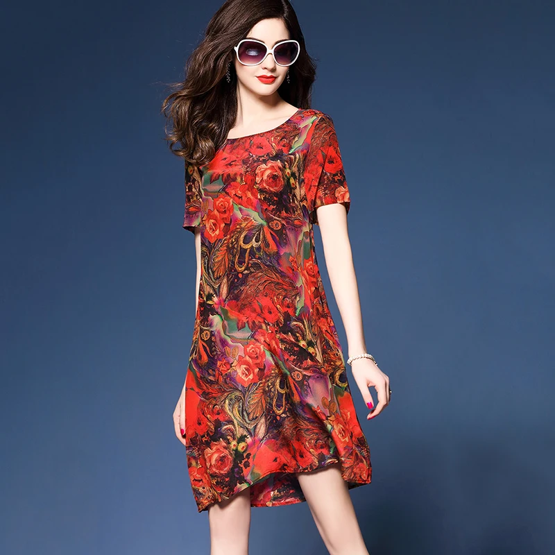 2020 New Short-sleeved Women Red Floral Print Dress Round neck Slim Female Summer Simple Loose Plus size 3XL WYT610 | Женская одежда