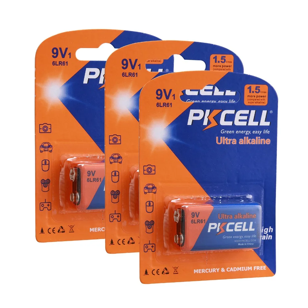PKCELL 3 шт 9V 6LR61/MN22/1604A/6LF22/MN1604 Промышленные сухие щелочные батарейки