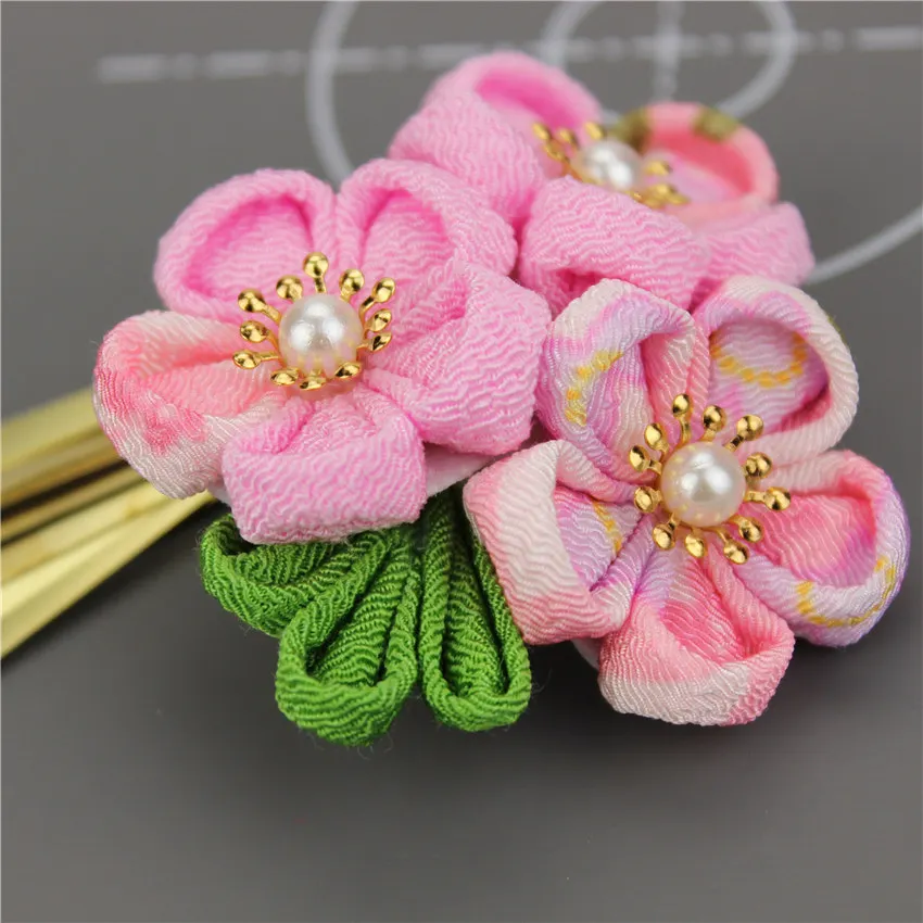 Японский стиль tsuami Kanzashi Розовый Красный Цветок сакуры заколка для волос кимоно гейши ручной работы головной убор HW001