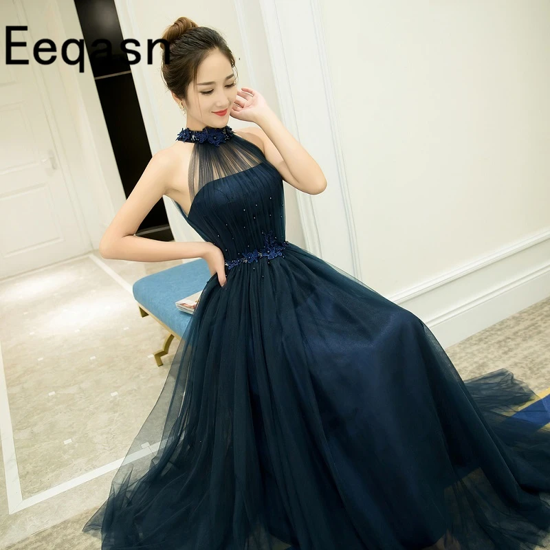 Новинка 2020 элегантное темно синее арабское вечернее платье с лямкой на шее А