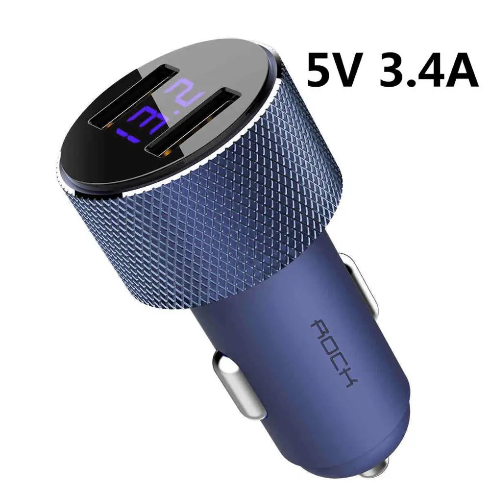 Blue 3.4A Автомобильное зарядное устройство ROCK Metal с цифровым дисплеем Dual USB 3.4A для iPhone X 8 7 Xiaomi samsung, быстрая зарядка, мониторинг напряжения телефона - Тип штекера: Blue 3.4A