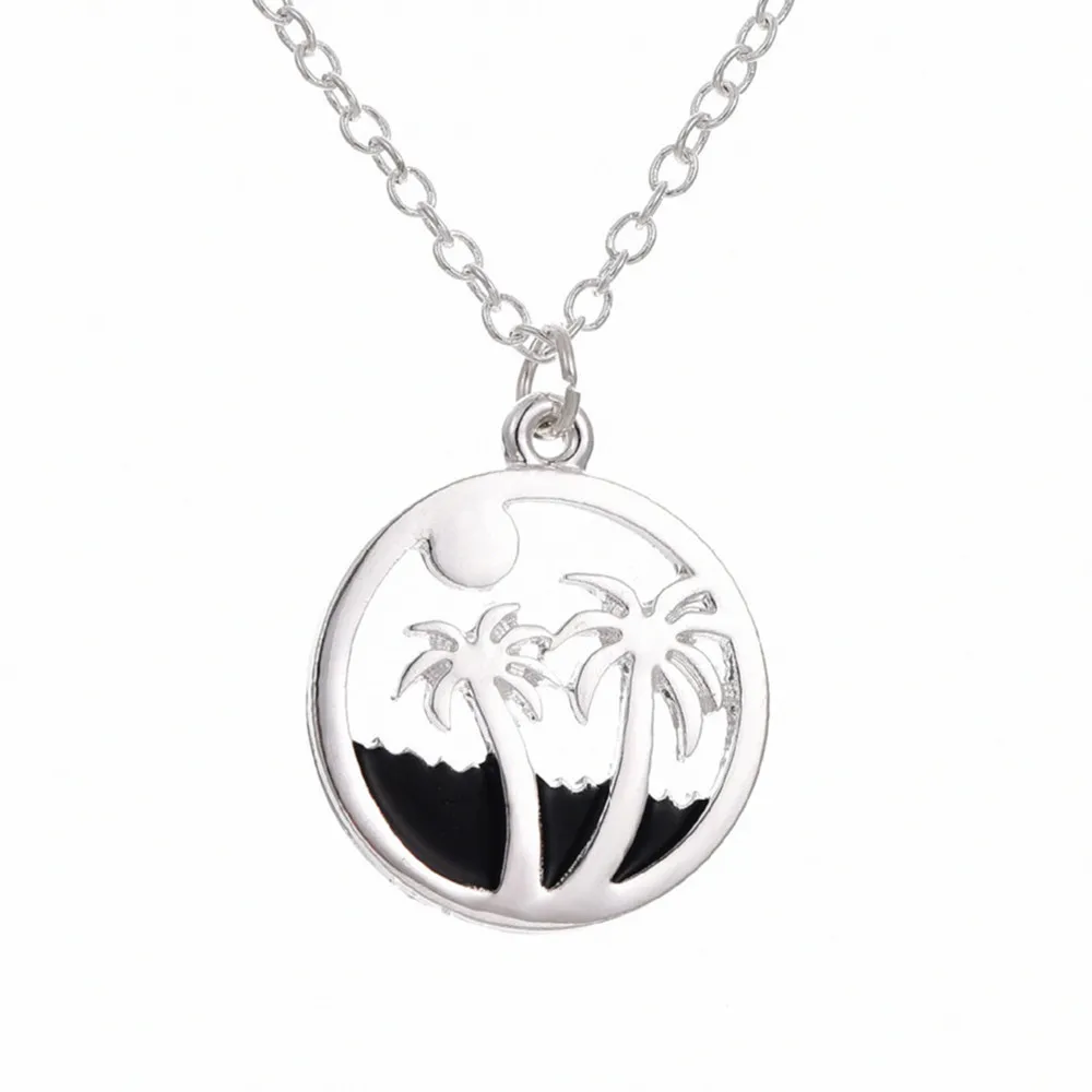 Round Beach Palm Trees Chain necklace Cute Lovely Plant Fashion Necklaces Pendant for Women Girls Best Gift | Украшения и