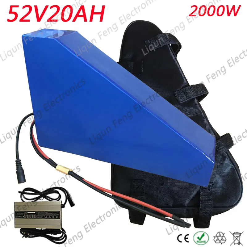 52V 20AH треугольная батарея 51,8 V 20AH электрическая велосипедная батарея 51,8 V 1000W 2000W литиевая батарея 50A BMS+ 58,5 V 5A зарядка+ сумка