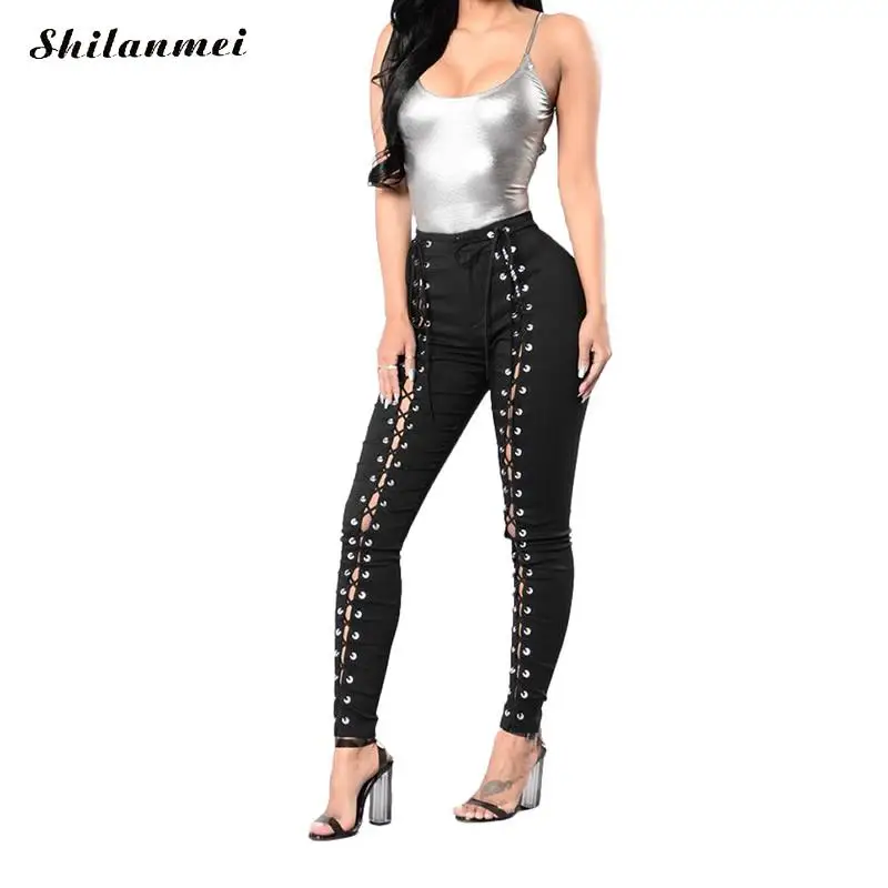 Летние Для женщин бойфренда Джинсы для Кружево вверх Карманы модные полной длины