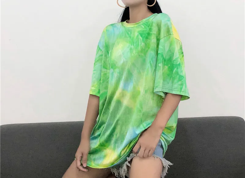 Harajuku Для женщин футболка диких ретро Tie-dye Tie Dye с короткими рукавами в Корейском
