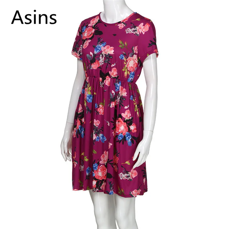 

Asins summer dress 2019 new hot women casual fashion wild round neck short sleeve printing high waist slim sexy big swing dress