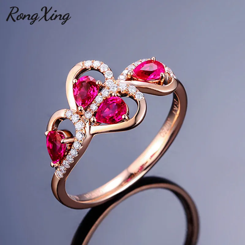 RongXing Роскошные розово красные циркониевые открытые кольца в форме капли воды для