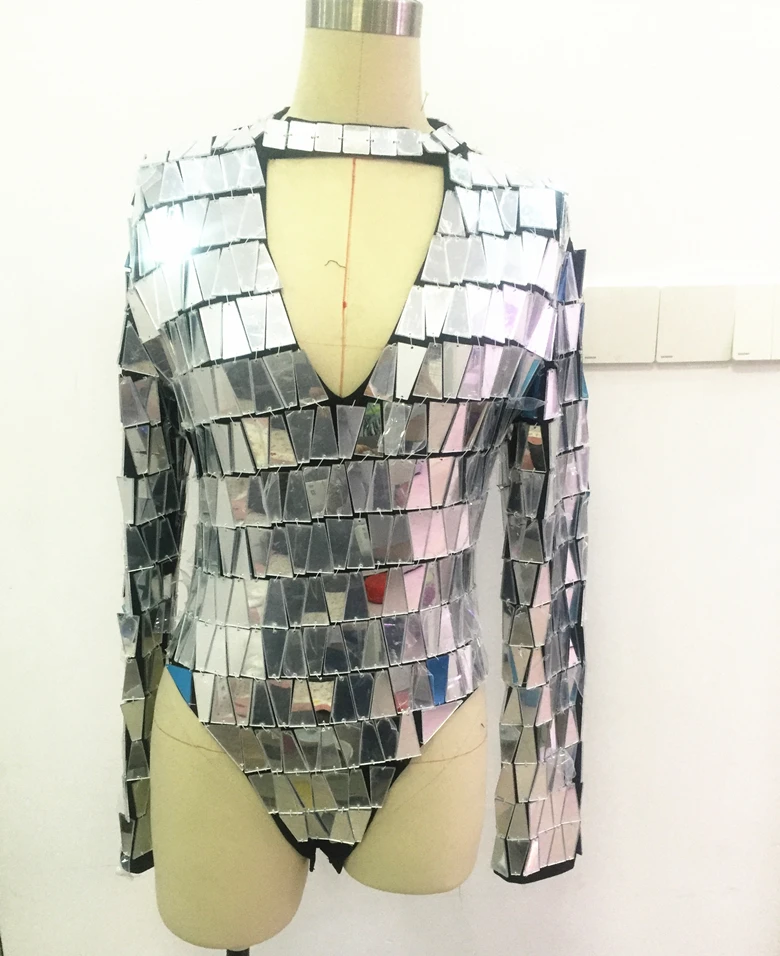 Sparkly Mirrors Bodysuit Female Dance Costume Silver Sequins Backless Bodysuits Sexy Nightclub DJ Singer Dancer Stage Outfit