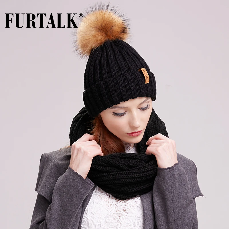 FURTALK зимняя шапка шарф набор для женщин с меховым помпоном женская теплая и кольцо черный белый цвет|hat scarf