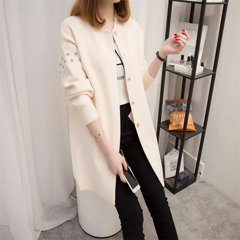 Danjeaner Autumn Winter Long Cardigan Women Sweater 2017 Ladies Sleeve Bead Knitted Slim Cardigans Female Tricot Tops |