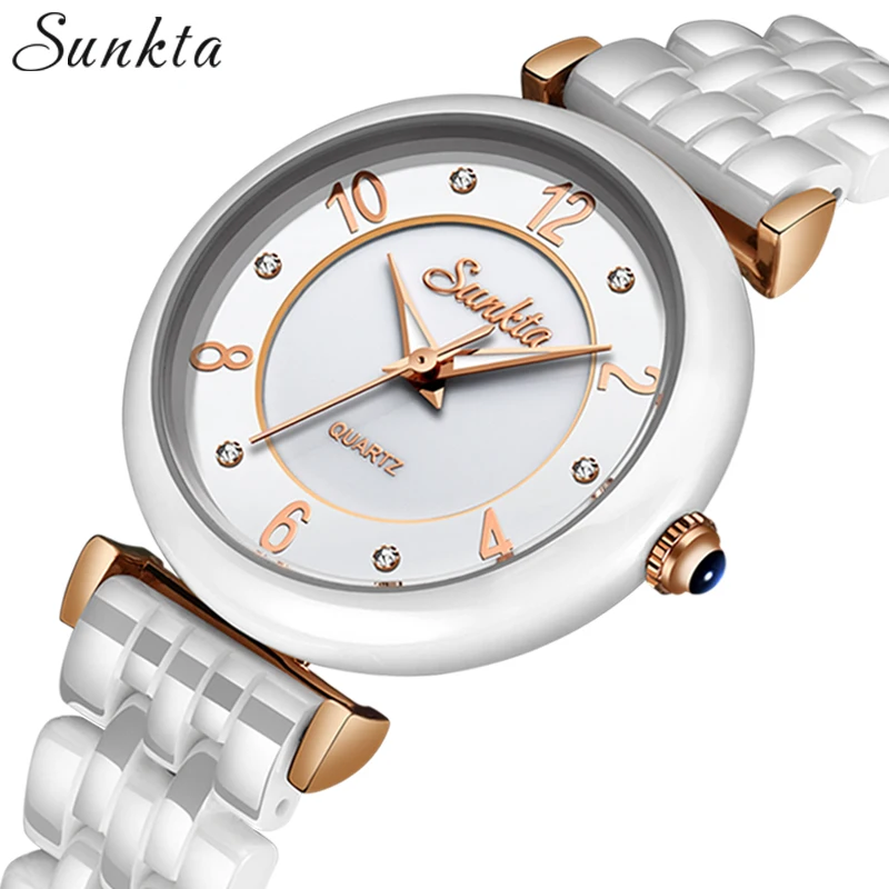 Enlarge SUNKTA White Ceramic Diamond Quartz Clock Rose Gold Women Watches Waterproof Top Brand Luxury Watch Women Dress Relogio Feminino
