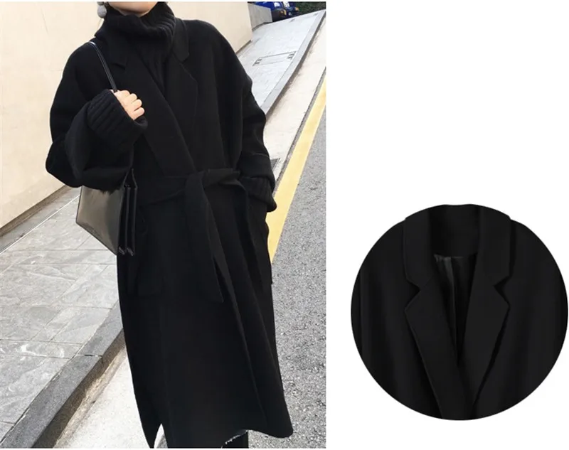 Autumn winter woolen coat women Loose Large size wool coats female Belt slim long Basic coats Both sides of the slit jacket N332