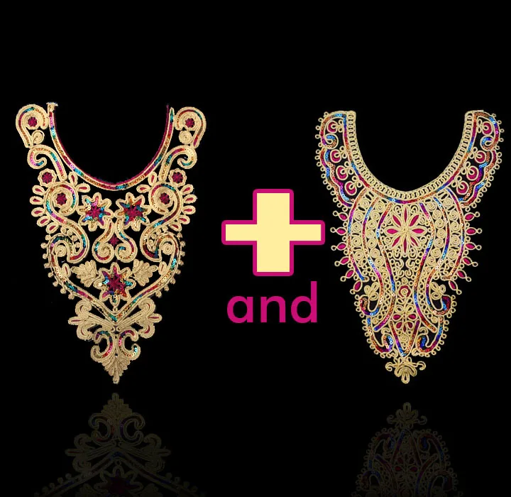 2piece Gold Metallic Lace Neckline Collar Sequin Embroidery Sew on Patches Fabric Applique | Дом и сад