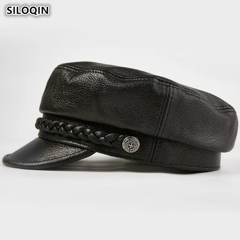 

SILOQIN Snapback Cap Elegant Women's Army Military Hats Genuine Leather Hat Autumn Men's Sheepskin Leather Black Brand Flat Caps