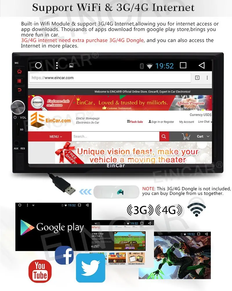 Eincar чистый Android 6 0 Автомобильный стерео NO DVD 7 дюймов головное устройство 2Din 1080 P