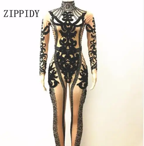 Fashion Shining Black Crystals Jumpsuit Nigthclub Performance Outfit Party Celebrate Glisten Rhinestones Costume Stage