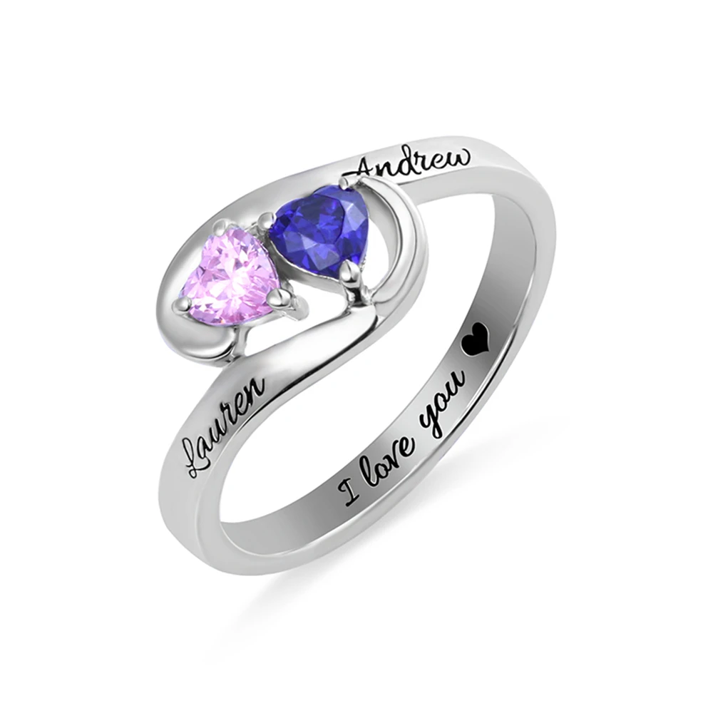 

Sweey Wholesale Engraved Engraved Two Heart Birthstones Promise Ring Wedding Rings Women Silver 925 Ring Mother's Day Gift