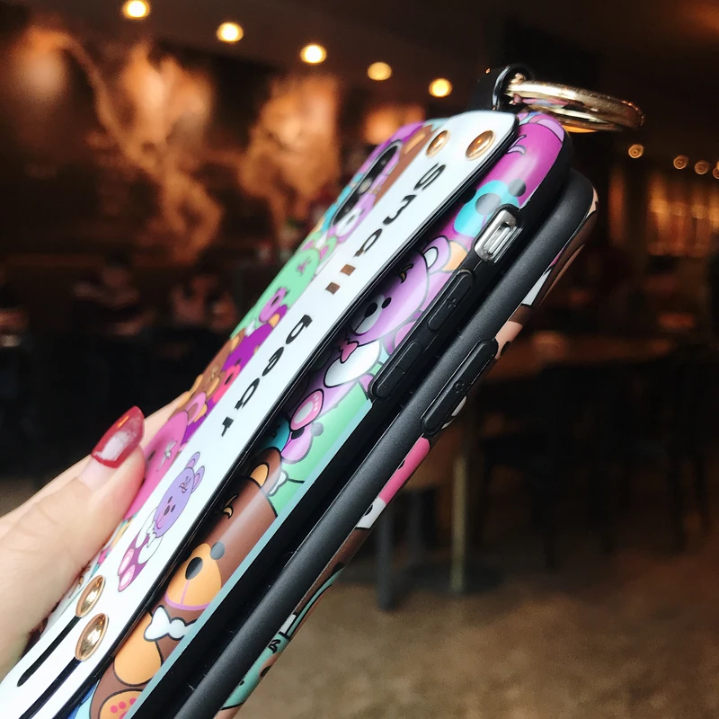 GYPHCA Luxury Brand Cute Cartoon Glossy Bear Wrist Strap TPU Soft Phone Case For iPhone X XS XR XSMAX 6 7 8 Plus Back Cover |
